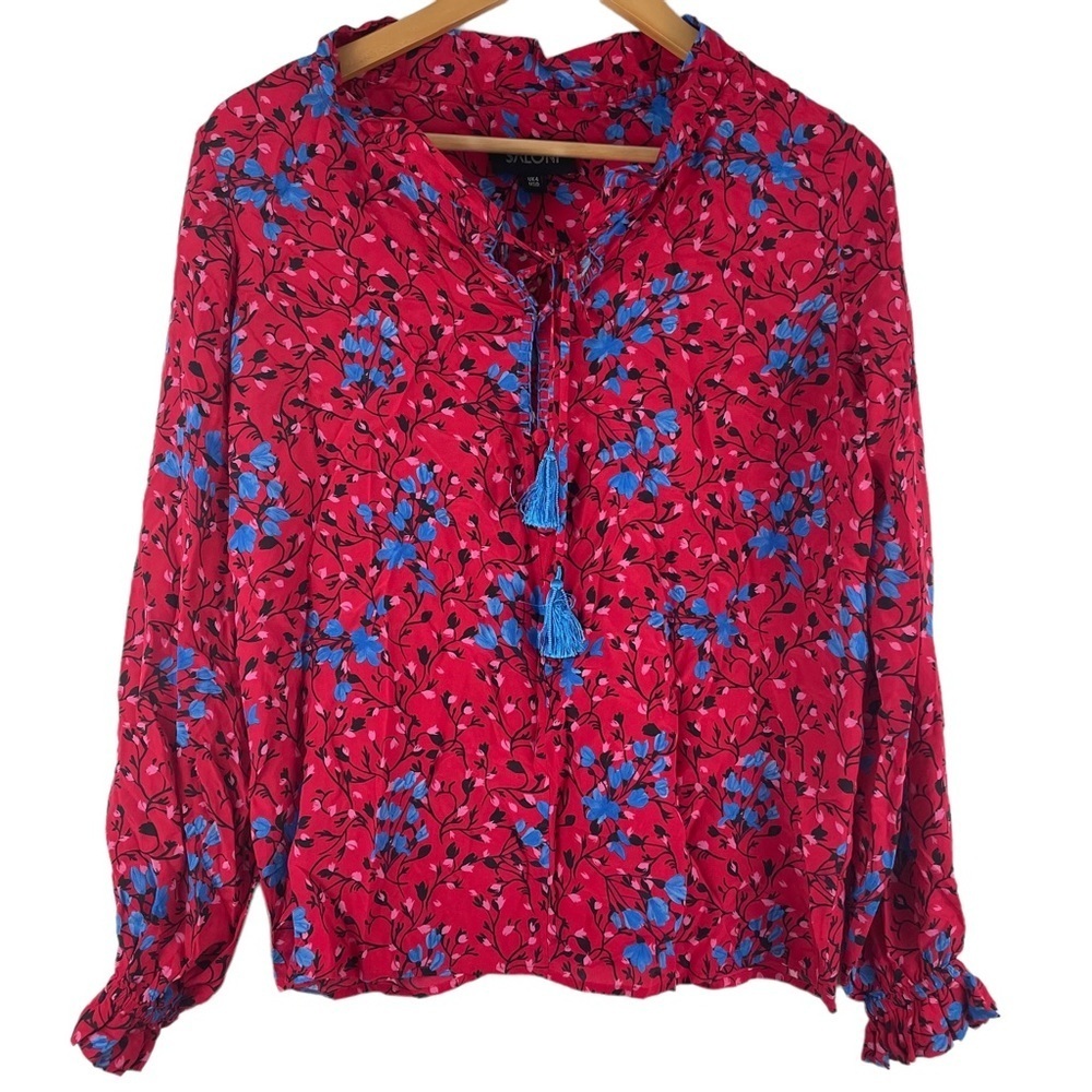 Saloni Blouse Long Sleeve Boho Peasant Sheer Floral Tie Neck Top Ali Sz 0